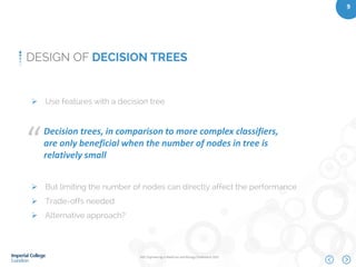IEEE Engineering in Medicine and Biology Conference 2015
9
DESIGN OF DECISION TREES
Decision trees, in comparison to more complex classifiers,
are only beneficial when the number of nodes in tree is
relatively small
“
 Use features with a decision tree
 But limiting the number of nodes can directly affect the performance
 Trade-offs needed
 Alternative approach?
 