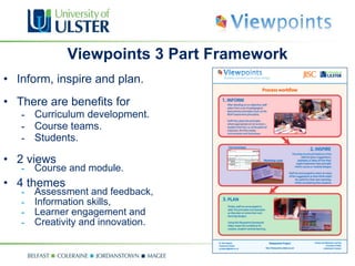 Inform, inspire and plan. There are benefits for Curriculum development. Course teams. Students. 2 views Course and module. 4 themes Assessment and feedback, Information skills, Learner engagement and  Creativity and innovation. Viewpoints 3 Part Framework 
