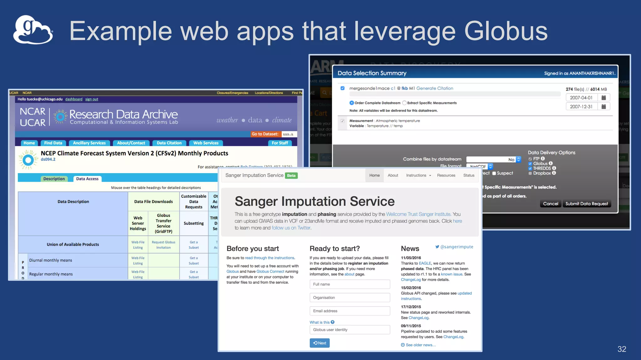 Example web apps that leverage Globus
32
 