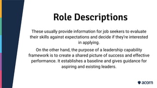 Role Descriptions
These usually provide information for job seekers to evaluate
their skills against expectations and decide if they’re interested
in applying.
On the other hand, the purpose of a leadership capability
framework is to create a shared picture of success and effective
performance. It establishes a baseline and gives guidance for
aspiring and existing leaders.
 