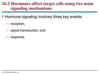 26.2 Hormones affect target cells using two main
signaling mechanisms
 Hormone signaling involves three key events:
– reception,
– signal transduction, and
– response.
© 2012 Pearson Education, Inc.
 