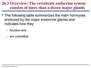  The following table summarizes the main hormones
produced by the major endocrine glands and
indicates how they
– function and
– are controlled.
26.3 Overview: The vertebrate endocrine system
consists of more than a dozen major glands
© 2012 Pearson Education, Inc.
 