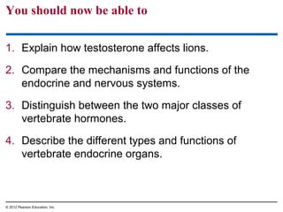 You should now be able to
1. Explain how testosterone affects lions.
2. Compare the mechanisms and functions of the
endocrine and nervous systems.
3. Distinguish between the two major classes of
vertebrate hormones.
4. Describe the different types and functions of
vertebrate endocrine organs.
© 2012 Pearson Education, Inc.
 