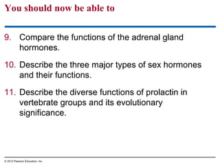 You should now be able to
9. Compare the functions of the adrenal gland
hormones.
10. Describe the three major types of sex hormones
and their functions.
11. Describe the diverse functions of prolactin in
vertebrate groups and its evolutionary
significance.
© 2012 Pearson Education, Inc.
 