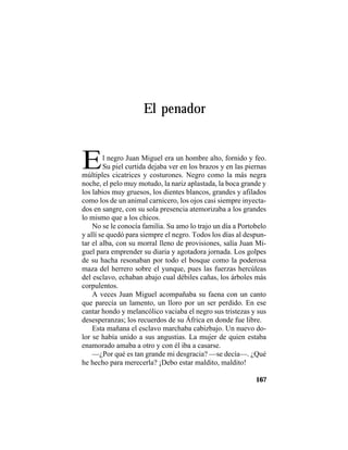 TRADICIONES Y LEYENDAS PANAMEÑAS
167
El penador
El negro Juan Miguel era un hombre alto, fornido y feo.
Su piel curtida dejaba ver en los brazos y en las piernas
múltiples cicatrices y costurones. Negro como la más negra
noche, el pelo muy motudo, la nariz aplastada, la boca grande y
los labios muy gruesos, los dientes blancos, grandes y afilados
como los de un animal carnicero, los ojos casi siempre inyecta-
dos en sangre, con su sola presencia atemorizaba a los grandes
lo mismo que a los chicos.
No se le conocía familia. Su amo lo trajo un día a Portobelo
y allí se quedó para siempre el negro. Todos los días al despun-
tar el alba, con su morral lleno de provisiones, salía Juan Mi-
guel para emprender su diaria y agotadora jornada. Los golpes
de su hacha resonaban por todo el bosque como la poderosa
maza del herrero sobre el yunque, pues las fuerzas hercúleas
del esclavo, echaban abajo cual débiles cañas, los árboles más
corpulentos.
A veces Juan Miguel acompañaba su faena con un canto
que parecía un lamento, un lloro por un ser perdido. En ese
cantar hondo y melancólico vaciaba el negro sus tristezas y sus
desesperanzas; los recuerdos de su África en donde fue libre.
Esta mañana el esclavo marchaba cabizbajo. Un nuevo do-
lor se había unido a sus angustias. La mujer de quien estaba
enamorado amaba a otro y con él iba a casarse.
—¿Por qué es tan grande mi desgracia? —se decía—. ¿Qué
he hecho para merecerla? ¡Debo estar maldito, maldito!
 