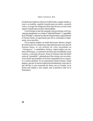 SERGIO GONZÁLEZ RUIZ
50
ría desde que empieza a florecer el árbol santo, a pagar mandas, a
rezar a su sombra, a pedirle remedio para sus males, a ponerle
velas y a recoger las milagrosas flores que llevan a su casa como
seguro remedio para muchas enfermedades.
Con el tiempo se han ido sumando curiosos turistas a la Cara-
vanaqueanualmentevaavisitarel“árboldelParaíso”o“granadillo
de laTrinidad” y durante los días de Semana Santa, especialmente
el Viernes Santo, el espectáculo que allí se contempla es impo-
nente, en su sencillez.
En un espacio amplio, en medio del monte, abierto y limpio
de malezas por los campesinos especialmente para esos días de
Semana Santa, se ven millares de velas encendidas en
“talanqueras” o candelabros rústicos, improvisados con ma-
deras del bosque, y a centenares de fieles que arrodillados rezan
rosarios y oraciones diversas, frente al inmenso altar del árbol
santo de “granadillo”, adornado por Dios mismo con sus miste-
riosas flores que despiden el incienso inigualable de su exquisi-
to y exótico perfume. Es un espectáculo mitad cristiano, mitad
pagano, que por lo mismo impresiona hondamente como que lo
que allí hay es una comunión de almas con su Creador, en la
forma más amplia y más simple, ante el primitivo altar de la
Naturaleza.
 