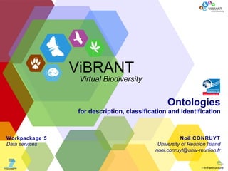 Ontologies for description, classification and identification No ël CONRUYT University of Reunion Island [email_address] Workpackage 5 Data services ViBRANT Virtual Biodiversity 