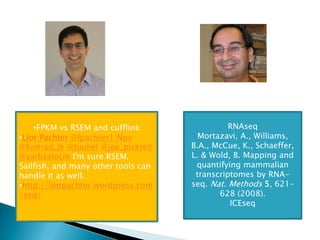 •FPKM vs RSEM and cufflink
•Lior Pachter @lpachter1 Nov
@konrad_jk @tuuliel @joe_pickrell
@yarbsalocin I'm sure RSEM,
Sailfish, and many other tools can
handle it as well.
•http://liorpachter.wordpress.com
/seq/

RNAseq
Mortazavi, A., Williams,
B.A., McCue, K., Schaeffer,
L. & Wold, B. Mapping and
quantifying mammalian
transcriptomes by RNAseq. Nat. Methods 5, 621–
628 (2008).
ICEseq

 