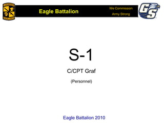 We Commission
Army Strong
Eagle Battalion
Eagle Battalion 2008
S-1
C/CPT Graf
(Personnel)
Eagle Battalion 2010
 