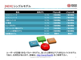 [NEW] シンプルモデル
Copyright (C) Bee Technologies Inc. 2011
ユーザーが定義できるパラメータモデル。あったら便利なアプリ的なスパイスモデル
であり、汎用性があります。詳細は、http://ow.ly/5sw4N をご参照下さい。
製品 価格(円) PSpice版 LTspice版
DCDCコンバータ 15,750 ご提供開始 ご提供開始
DCACインバータ 15,750 ご提供開始 ご提供開始
三相インバータ 15,750 ご提供開始 ご提供開始
DC電源 15,750 ご提供開始 ご提供開始
ヒューズモデル 15,750 ご提供開始 ご提供開始
リチウムイオン電池モデル 84,000 ご提供開始 ご提供開始
ニッケル水素電池モデル 84,000 ご提供開始 ご提供開始
鉛蓄電池モデル 84,000 開発中 開発中
8
 