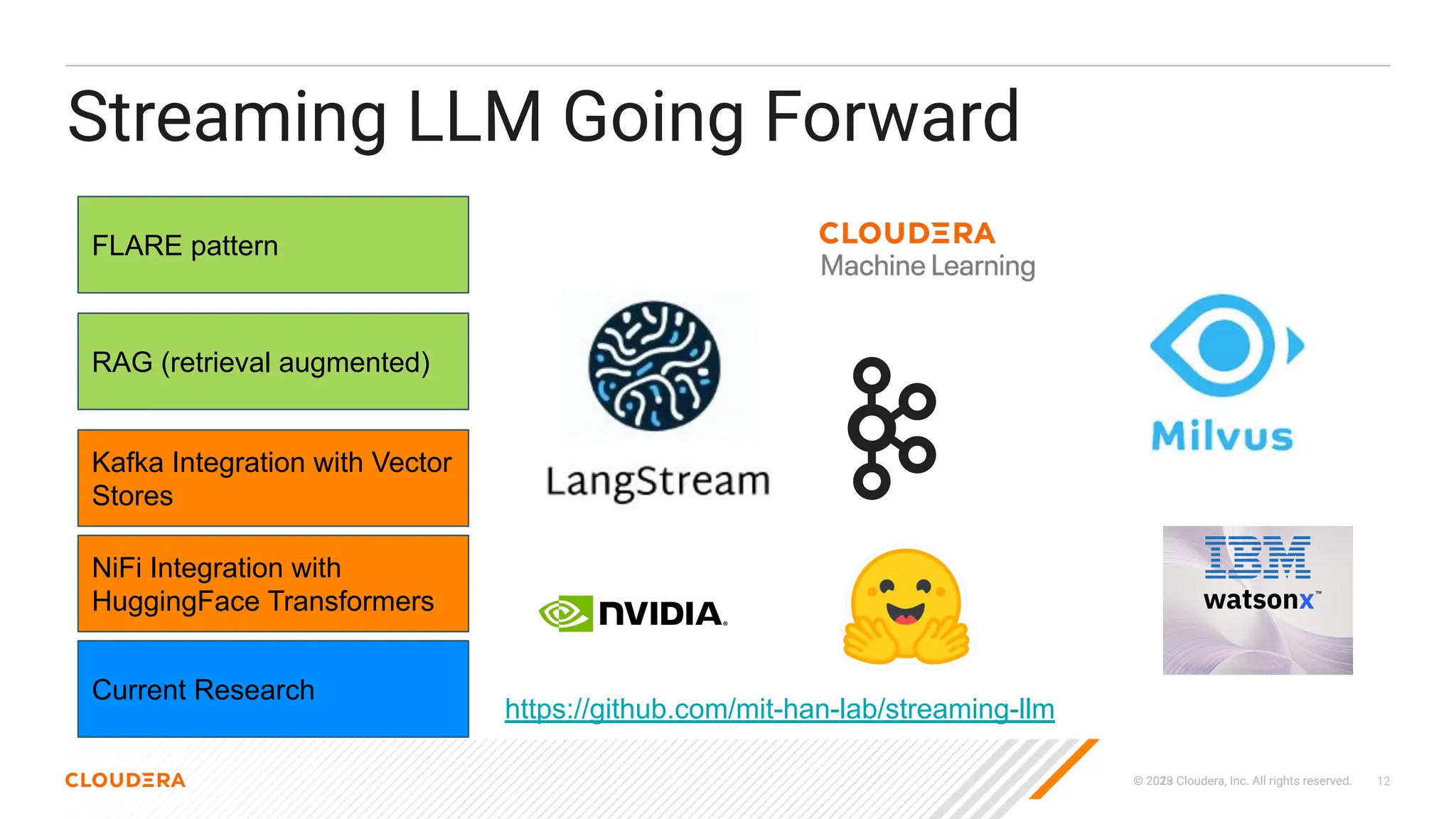 © 2023 Cloudera, Inc. All rights reserved.
© 2019 Cloudera, Inc. All rights reserved. 12
Streaming LLM Going Forward
RAG (retrieval augmented)
FLARE pattern
https://github.com/mit-han-lab/streaming-llm
Current Research
Kafka Integration with Vector
Stores
NiFi Integration with
HuggingFace Transformers
 
