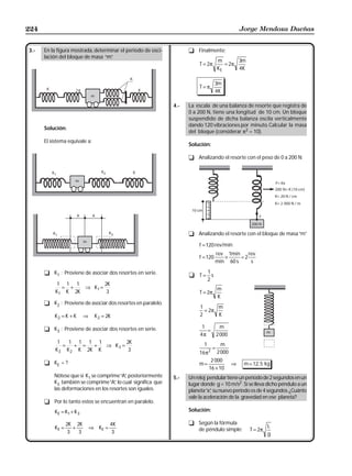 224                                                                                              Jorge Mendoza Dueñas


3.-   En la figura mostrada, determinar el período de osci-         t Finalmente:
      lación del bloque de masa “m” .
                                                                                      m       3m
                                                                         T = 2π          = 2π
                                                                                      KE      4K

                                                                                   3m
                                                                         T=π
                                                                                   4K

                                                              4.-   La escala de una balanza de resorte que registra de
                                                                    0 a 200 N, tiene una longitud de 10 cm. Un bloque
                                                                    suspendido de dicha balanza oscila verticalmente
                                                                    dando 120 vibraciones por minuto. Calcular la masa
      Solución:
                                                                    del bloque (considerar π2 = 10).
      El sistema equivale a:
                                                                    Solución:

                                                                    t Analizando el resorte con el peso de 0 a 200 N:




                                                                    t Analizando el resorte con el bloque de masa “m”

                                                                         f =120 rev/min
                                                                                   rev 1min    rev
                                                                         f = 120      ×     =2
                                                                                   min 60 s     s

      t K1 : Proviene de asociar dos resortes en serie.                 1
                                                                    t T= s
                                                                        2
           1 1 1          2K
             = +   ⇒ K1 =                                                             m
           K1 K 2K         3                                             T = 2π
                                                                                      K
      t K2 : Proviene de asociar dos resortes en paralelo.
                                                                         1      m
                                                                           = 2π
          K2 = K + K      ⇒    K 2 = 2K                                  2      K

      t K3 : Proviene de asociar dos resortes en serie.                   1    m
                                                                            =
                                                                         4π   2000
            1   1 1 1 1          2K
              =   + =  +  ⇒ K3 =                                           1
                                                                                  =
                                                                                       m
           K 3 K 2 K 2K K         3
                                                                         16 π 2       2000
      t KE = ?                                                                  2 000
                                                                         m=                  ⇒    m = 12, 5 kg
                                                                               16 × 10
          Nótese que si K1 se comprime “A” posteriormente
                                          ,                   5.-   Un reloj pendular tiene un período de 2 segundos en un
          K3 también se comprime “A” lo cual significa que
                                     ,                              lugar donde g = 10 m/s2 . Si se lleva dicho péndulo a un
          las deformaciones en los resortes son iguales.            planeta “x” su nuevo período es de 4 segundos. ¿Cuánto
                                                                               ,
                                                                    vale la aceleración de la gravedad en ese planeta?
      t Por lo tanto estos se encuentran en paralelo.
          KE = K1 + K 3                                             Solución:

                 2K 2K                 4K                           t Según la fórmula
          KE =      +         ⇒ KE =                                  de péndulo simple:            T = 2π
                                                                                                             L
                  3   3                 3                                                                    g
 