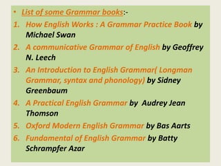 • List of some Grammar books:- 
1. How English Works : A Grammar Practice Book by 
Michael Swan 
2. A communicative Grammar of English by Geoffrey 
N. Leech 
3. An Introduction to English Grammar( Longman 
Grammar, syntax and phonology) by Sidney 
Greenbaum 
4. A Practical English Grammar by Audrey Jean 
Thomson 
5. Oxford Modern English Grammar by Bas Aarts 
6. Fundamental of English Grammar by Batty 
Schrampfer Azar 
 