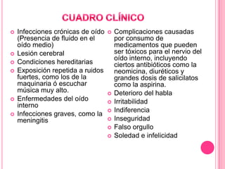 








Infecciones crónicas de oído
(Presencia de fluido en el
oído medio)
Lesión cerebral
Condiciones hereditarias
Exposición repetida a ruidos
fuertes, como los de la
maquinaria ó escuchar
música muy alto.
Enfermedades del oído
interno
Infecciones graves, como la
meningitis










Complicaciones causadas
por consumo de
medicamentos que pueden
ser tóxicos para el nervio del
oído interno, incluyendo
ciertos antibióticos como la
neomicina, diuréticos y
grandes dosis de salicilatos
como la aspirina.
Deterioro del habla
Irritabilidad
Indiferencia
Inseguridad
Falso orgullo
Soledad e infelicidad

 
