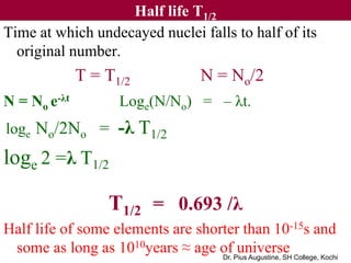 Half life T1/2
loge 2 =λ T1/2 λ = loge 2/T1/2
T1/2 = 0.693 /λ
N = No e-(log 2/T1/2)t = No e-(log 2)(t/T1/2)
= No = No
e(lo...