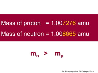 Mass of proton = 1.007276 amu
Mass of neutron = 1.008665 amu
mn > mp
Dr. Pius Augustine, SH College, Kochi
 