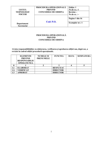 LICEUL
TEHNOLOGIC
FOCURI
Departament
Secretariat
PROCEDURA OPERAŢIONALĂ
PRIVIND
CONCEDIILE DE ODIHNA
Ediţia: 1
Nr.de ex.: 1
Revizia: -
Nr.de ex. : -
Cod: P.O.
Pagina 1 din 16
Exemplar nr.: 1
PROCEDURA OPERAŢIONALĂ
PRIVIND
CONCEDIILE DE ODIHNA
1.Lista responsabilităţilor cu elaborarea, verificarea şi aprobarea ediţiei sau, după caz, a
reviziei în cadrul ediţiei procedurii operaţionale.
ELEMENTE
PRIVIND
RESPONSABILII/
OPERATIUNEA
NUMELE SI
PRENUMELE
FUNCTIA DATA SEMNATURA
0 1 2 3 4 5
1.1 ELABORAT RESP.CEAC
1.2. VERIFICAT DIRECTOR
1.3 APROBAT DIRECTOR
1
 