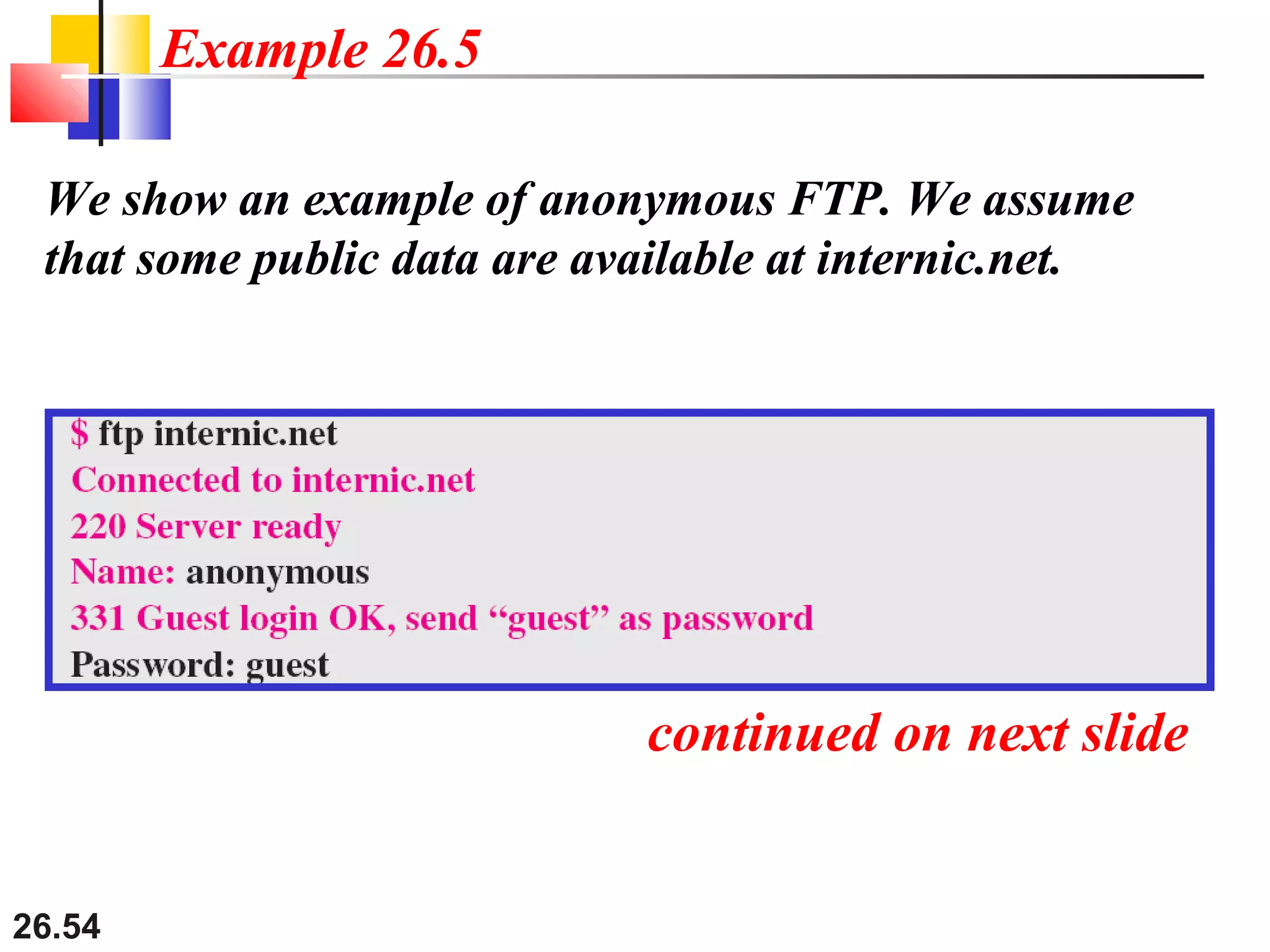 26.54
We show an example of anonymous FTP. We assume
that some public data are available at internic.net.
Example 26.5
We show an example of anonymous FTP. We assume
that some public data are available at internic.net.
continued on next slide
 