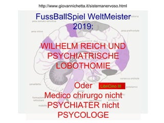 http://www.giovannichetta.it/sistemanervoso.html
FussBallSpiel WeltMeister
2019:
WILHELM REICH UND
PSYCHIATRISCHE
LOBOTHOMIE
Oder
Medico chirurgo nicht
PSYCHIATER nicht
PSYCOLOGE
LibriCino III
 