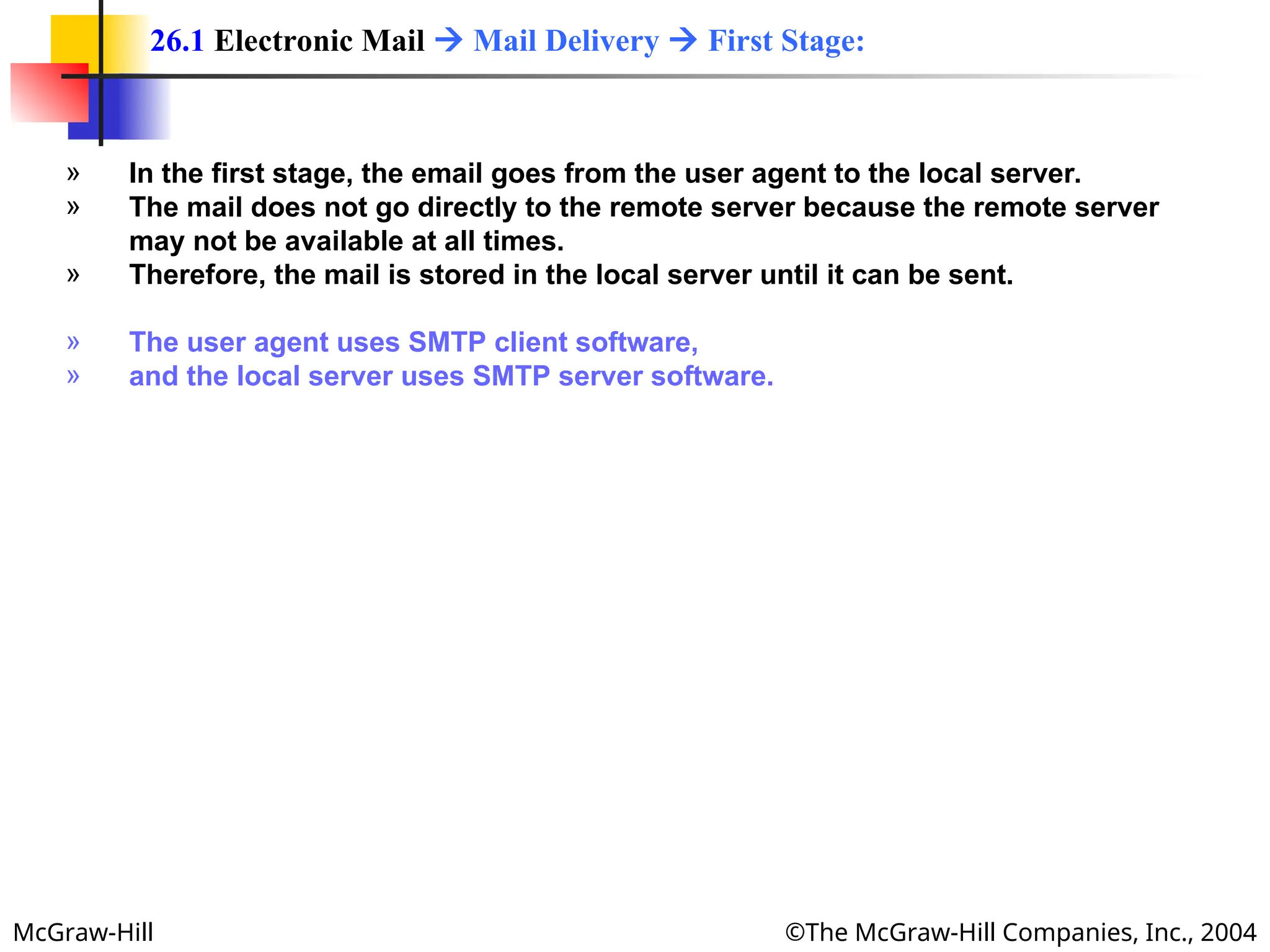 McGraw-Hill ©The McGraw-Hill Companies, Inc., 2004
» In the first stage, the email goes from the user agent to the local server.
» The mail does not go directly to the remote server because the remote server
may not be available at all times.
» Therefore, the mail is stored in the local server until it can be sent.
» The user agent uses SMTP client software,
» and the local server uses SMTP server software.
26.1 Electronic Mail  Mail Delivery  First Stage:
 