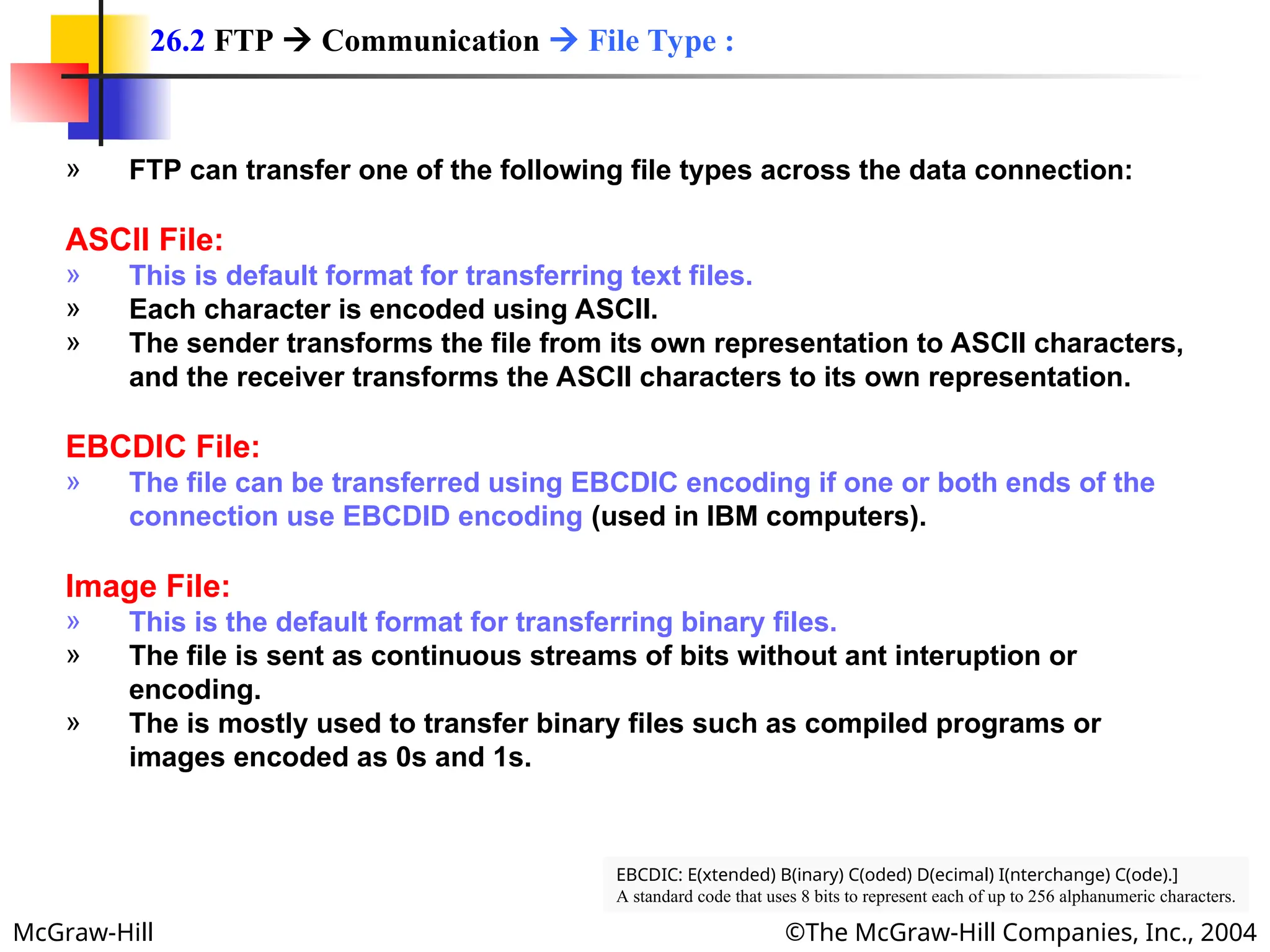 McGraw-Hill ©The McGraw-Hill Companies, Inc., 2004
» FTP can transfer one of the following file types across the data connection:
ASCII File:
» This is default format for transferring text files.
» Each character is encoded using ASCII.
» The sender transforms the file from its own representation to ASCII characters,
and the receiver transforms the ASCII characters to its own representation.
EBCDIC File:
» The file can be transferred using EBCDIC encoding if one or both ends of the
connection use EBCDID encoding (used in IBM computers).
Image File:
» This is the default format for transferring binary files.
» The file is sent as continuous streams of bits without ant interuption or
encoding.
» The is mostly used to transfer binary files such as compiled programs or
images encoded as 0s and 1s.
26.2 FTP  Communication  File Type :
EBCDIC: E(xtended) B(inary) C(oded) D(ecimal) I(nterchange) C(ode).]
A standard code that uses 8 bits to represent each of up to 256 alphanumeric characters.
 
