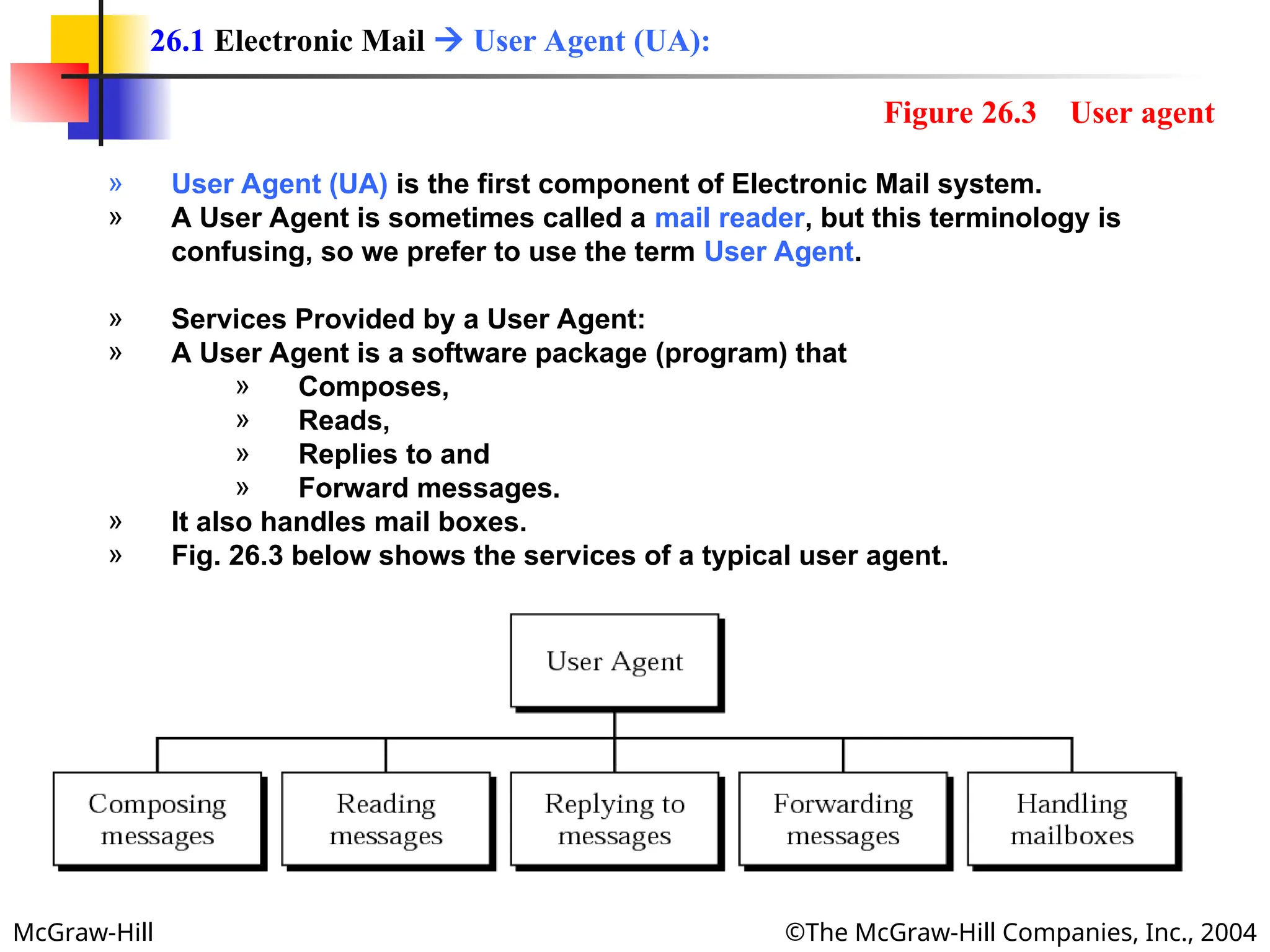 McGraw-Hill ©The McGraw-Hill Companies, Inc., 2004
» User Agent (UA) is the first component of Electronic Mail system.
» A User Agent is sometimes called a mail reader, but this terminology is
confusing, so we prefer to use the term User Agent.
» Services Provided by a User Agent:
» A User Agent is a software package (program) that
» Composes,
» Reads,
» Replies to and
» Forward messages.
» It also handles mail boxes.
» Fig. 26.3 below shows the services of a typical user agent.
26.1 Electronic Mail  User Agent (UA):
Figure 26.3 User agent
 