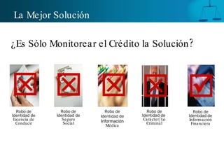 La Mejor Solución Robo de Identidad de  Licencia de Conducir Robo de Identidad de   Información   Médica Robo de Identidad de Información Financiera Robo de Identidad de  Seguro Social Robo de Identidad de   Carácter/Lo Criminal ¿Es Sólo Monitorear el Crédito la Solución?      