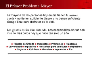    Tarjetas de Crédito    Impuestos     Préstamos     Hipotecas    Universidad     Impuestos      Préstamos para Vehículos     Impuestos     Seguros    Celulares     Gasolina     Impuestos     Etc. El Primer Problema Mayor La mayoría de las personas hoy en día tienen  la misma queja -  no tienen suficiente  dinero  y no tienen suficiente  tiempo libre  para disfrutar de la vida. Los gastos están aumentando.  Las necesidades diarias son mucho más caros hoy que hace tan sólo un año. 