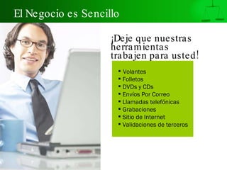 El Negocio es Sencillo ¡Deje que nuestras herramientas  trabajen para usted! Volantes Folletos DVDs y CDs Envíos Por Correo Llamadas telefónicas Grabaciones Sitio de Internet Validaciones de terceros 