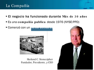 La Compañía El negocio ha funcionado durante  Más de 30 años   Es una  compañía publica   desde  1976 (NYSE:PPD) Comenzó con un  serio accidente Harland C. Stonecipher Fundador, Presidente, y CEO 