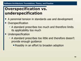 Overspecification vs. underspecification A perennial tension in standards use and development Overspecification A standard prescribes too much and therefore limits its applicability too much Underspecification A standard prescribes too little and therefore doesn’t provide enough guidance Possibly in an effort to broaden adoption 