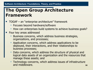 The Open Group Architecture Framework TOGAF – an “enterprise architecture” framework Focuses beyond hardware/software How can enterprises build systems to achieve business goals? Four key areas addressed Business concerns, which address business strategies, organizations, and processes; Application concerns, which address applications to be deployed, their interactions, and their relationships to business processes; Data concerns, which address the structure of physical and logical data assets of an organization and the resources that manage these assets; and Technology concerns, which address issues of infrastructure and middleware. 