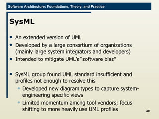 SysML An extended version of UML Developed by a large consortium of organizations (mainly large system integrators and developers) Intended to mitigate UML’s “software bias” SysML group found UML standard insufficient and profiles not enough to resolve this Developed new diagram types to capture system-engineering specific views Limited momentum among tool vendors; focus shifting to more heavily use UML profiles 