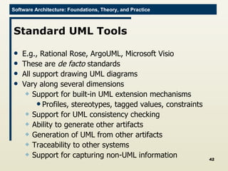 Standard UML Tools E.g., Rational Rose, ArgoUML, Microsoft Visio These are  de facto  standards All support drawing UML diagrams Vary along several dimensions Support for built-in UML extension mechanisms Profiles, stereotypes, tagged values, constraints Support for UML consistency checking Ability to generate other artifacts Generation of UML from other artifacts Traceability to other systems Support for capturing non-UML information 