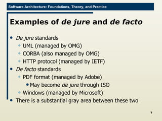 Examples of  de jure  and  de facto De jure  standards UML (managed by OMG) CORBA (also managed by OMG) HTTP protocol (managed by IETF) De facto  standards PDF format (managed by Adobe) May become  de jure  through ISO Windows (managed by Microsoft) There is a substantial gray area between these two 