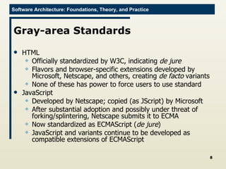 Gray-area Standards HTML Officially standardized by W3C, indicating  de jure Flavors and browser-specific extensions developed by Microsoft, Netscape, and others, creating  de facto  variants None of these has power to force users to use standard JavaScript Developed by Netscape; copied (as JScript) by Microsoft After substantial adoption and possibly under threat of forking/splintering, Netscape submits it to ECMA Now standardized as ECMAScript ( de jure ) JavaScript and variants continue to be developed as compatible extensions of ECMAScript 