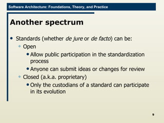 Another spectrum Standards (whether  de jure  or  de facto ) can be: Open Allow public participation in the standardization process Anyone can submit ideas or changes for review Closed (a.k.a. proprietary) Only the custodians of a standard can participate in its evolution 