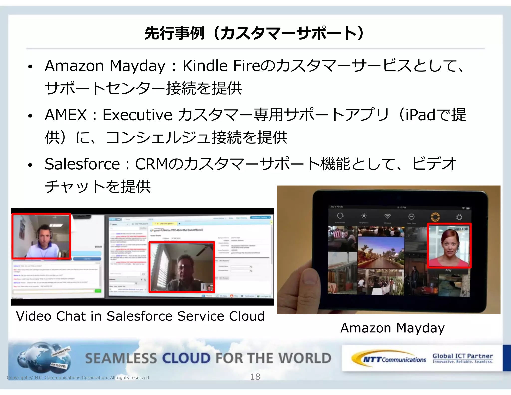 Copyright © NTT Communications Corporation. All rights reserved.
先⾏行行事例例（カスタマーサポート）
18
• Amazon  Mayday  :  Kindle  Fireのカスタマーサービスとして、
サポートセンター接続を提供  
• AMEX：Executive  カスタマー専⽤用サポートアプリ（iPadで提
供）に、コンシェルジュ接続を提供  
• Salesforce：CRMのカスタマーサポート機能として、ビデオ
チャットを提供
Amazon Mayday
Video Chat in Salesforce Service Cloud
 