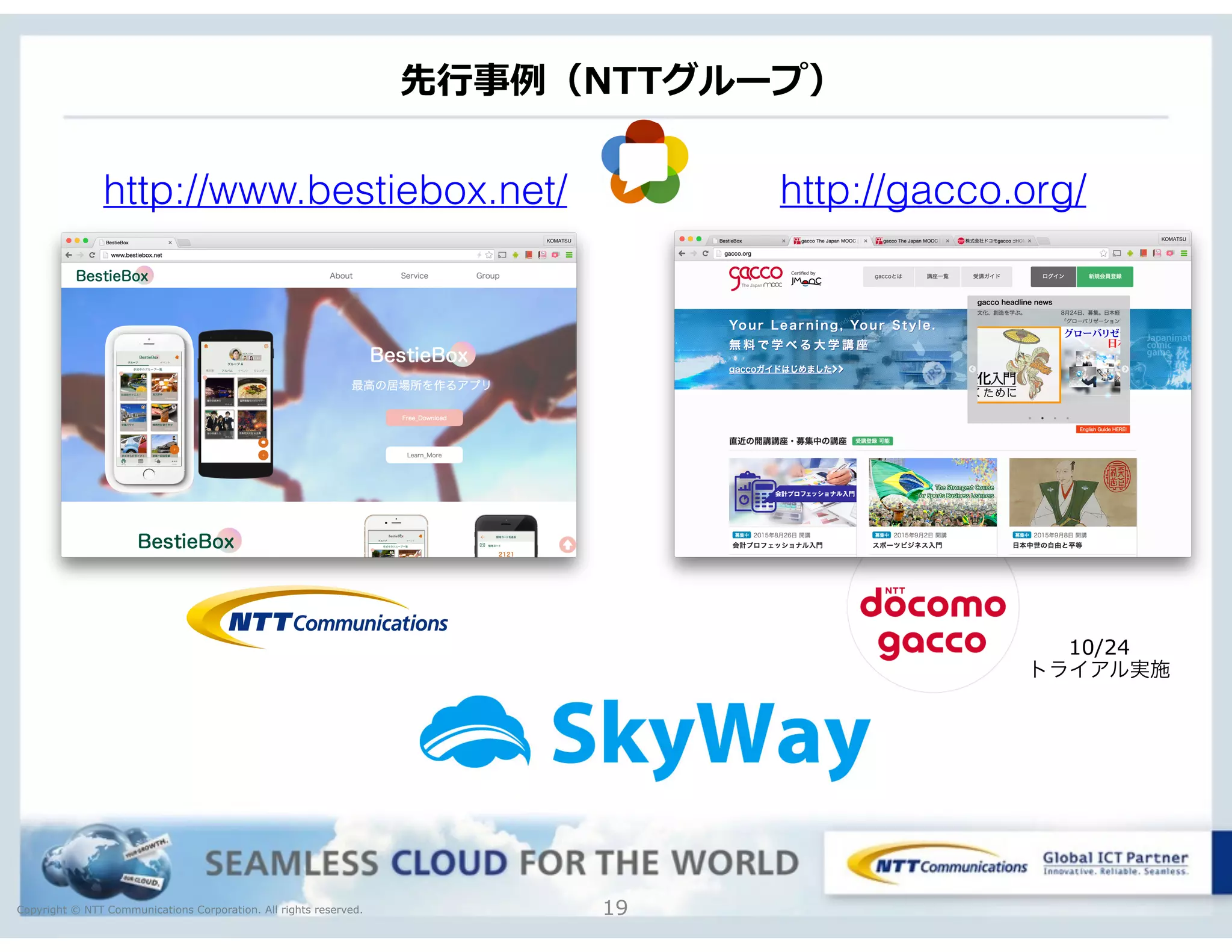 Copyright © NTT Communications Corporation. All rights reserved.
先⾏行行事例例（NTTグループ）
19
http://www.bestiebox.net/ http://gacco.org/
10/24
トライアル実施
 