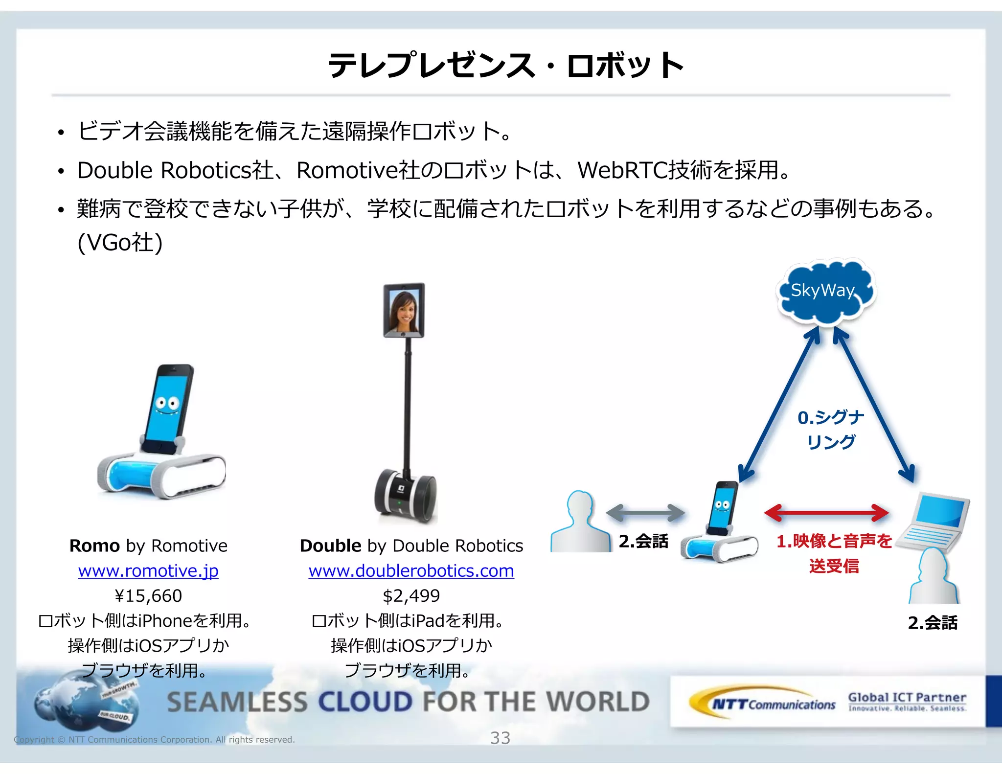 Copyright © NTT Communications Corporation. All rights reserved.
テレプレゼンス・ロボット
33
• ビデオ会議機能を備えた遠隔操作ロボット。  
• Double  Robotics社、Romotive社のロボットは、WebRTC技術を採⽤用。  
• 難病で登校できない⼦子供が、学校に配備されたロボットを利利⽤用するなどの事例例もある。
(VGo社)
0.シグナ 
リング
1.映像と⾳音声を 
送受信
2.会話
2.会話
SkyWay
Romo  by  Romotive  
www.romotive.jp  
15,660  
ロボット側はiPhoneを利利⽤用。 
操作側はiOSアプリか 
ブラウザを利利⽤用。
Double  by  Double  Robotics  
www.doublerobotics.com  
$2,499  
ロボット側はiPadを利利⽤用。 
操作側はiOSアプリか 
ブラウザを利利⽤用。
 