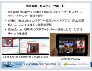 Copyright © NTT Communications Corporation. All rights reserved.
先⾏行行事例例（カスタマーサポート）
18
• Amazon  Mayday  :  Kindle  Fireのカスタマーサービスとして、
サポートセンター接続を提供  
• AMEX：Executive  カスタマー専⽤用サポートアプリ（iPadで提
供）に、コンシェルジュ接続を提供  
• Salesforce：CRMのカスタマーサポート機能として、ビデオ
チャットを提供
Amazon Mayday
Video Chat in Salesforce Service Cloud
 