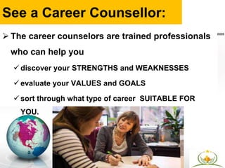 See a Career Counsellor:
 The career counselors are trained professionals
who can help you
 discover your STRENGTHS and WEAKNESSES
 evaluate your VALUES and GOALS
 sort through what type of career SUITABLE FOR
YOU.
 