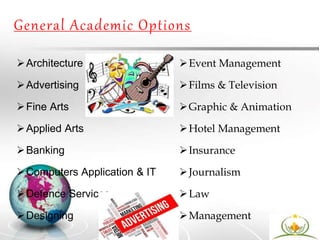 General Academic Options
Architecture
Advertising
Fine Arts
Applied Arts
Banking
Computers Application & IT
Defence Services
Designing
Event Management
Films & Television
Graphic & Animation
Hotel Management
Insurance
Journalism
Law
Management
 