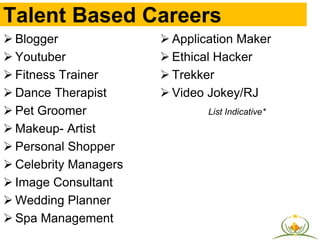 Talent Based Careers
 Blogger
 Youtuber
 Fitness Trainer
 Dance Therapist
 Pet Groomer
 Makeup- Artist
 Personal Shopper
 Celebrity Managers
 Image Consultant
 Wedding Planner
 Spa Management
 Application Maker
 Ethical Hacker
 Trekker
 Video Jokey/RJ
List Indicative*
 