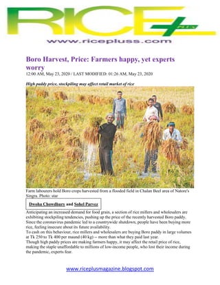 www.riceplusmagazine.blogspot.com
Boro Harvest, Price: Farmers happy, yet experts
worry
12:00 AM, May 23, 2020 / LAST MODI...