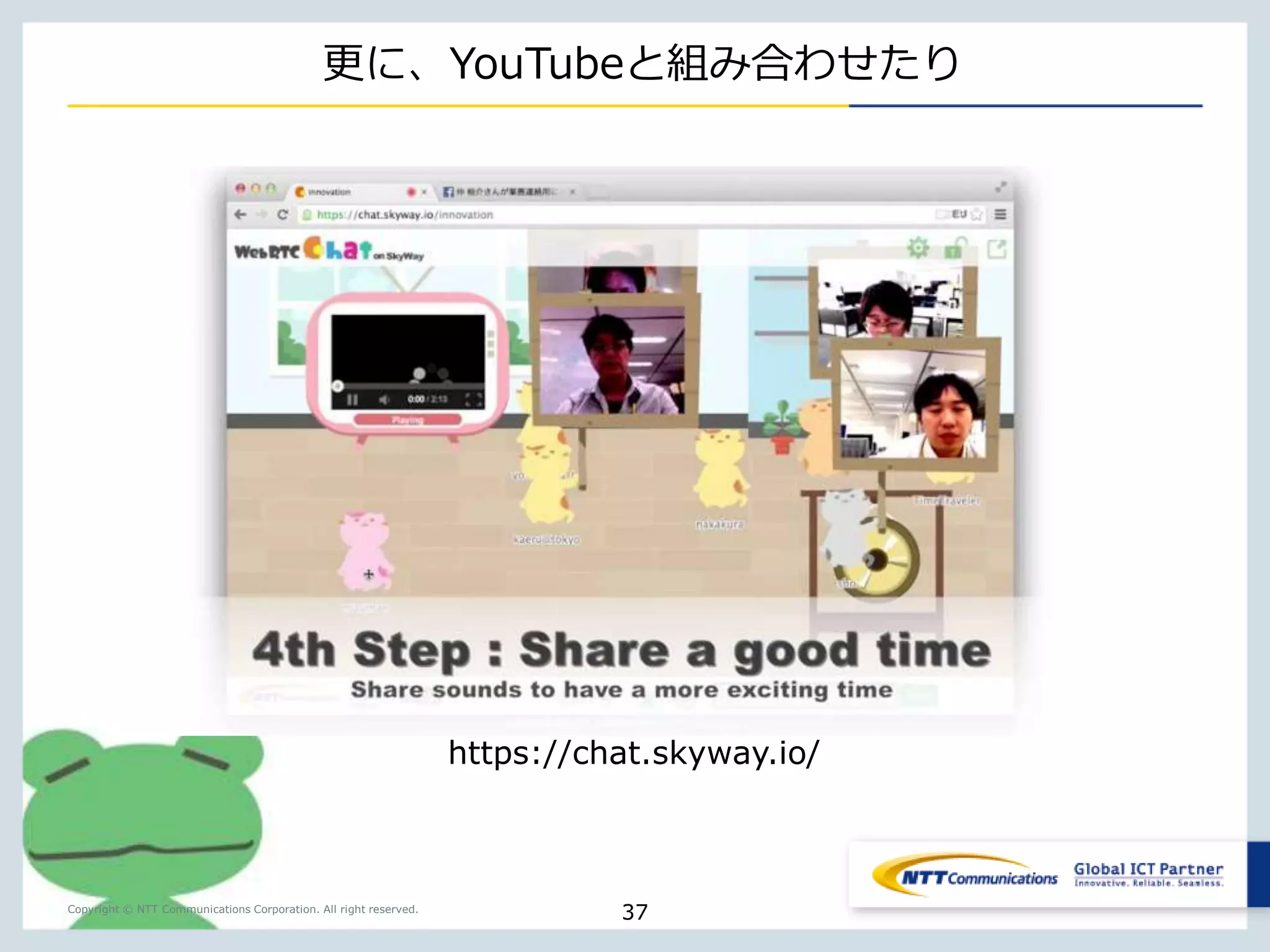 WebRTCを容易に使える世界 
実現します！！ 
Copyright © NTT Communications Corporation. All right reserved. 
37 
 