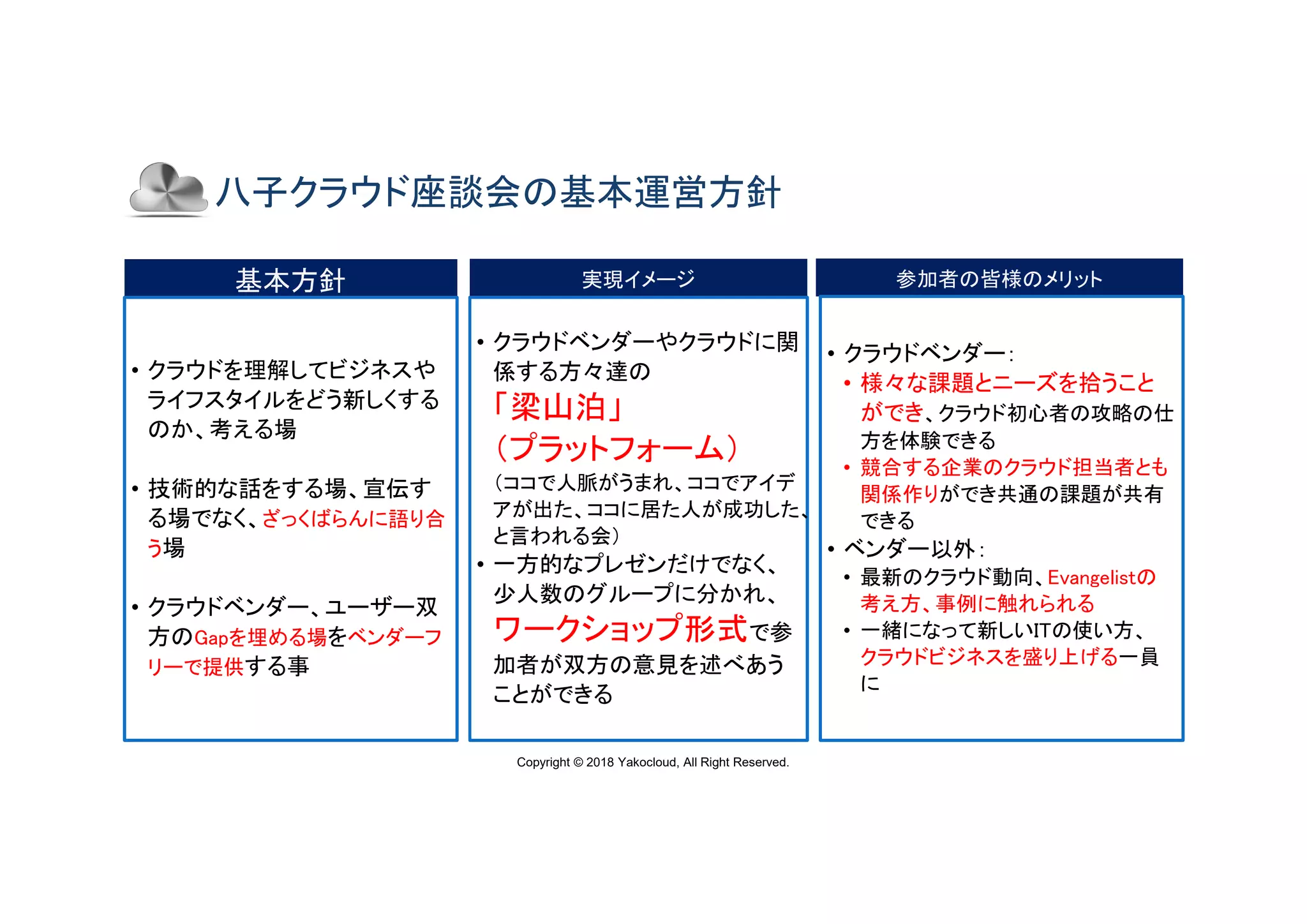 Copyright © 2018 Yakocloud, All Right Reserved.
八子クラウド座談会の基本運営方針
基本方針基本方針
• クラウドを理解してビジネスや
ライフスタイルをどう新しくする
のか、考える場
• 技術的な話をする場、宣伝す
る場でなく、ざっくばらんに語り合
う場
• クラウドベンダー、ユーザー双
方のGapを埋める場をベンダーフ
リーで提供する事
実現イメージ実現イメージ
• クラウドベンダーやクラウドに関
係する方々達の
「梁山泊」
（プラットフォーム）
（ココで人脈がうまれ、ココでアイデ
アが出た、ココに居た人が成功した、
と言われる会）
• 一方的なプレゼンだけでなく、
少人数のグループに分かれ、
ワークショップ形式で参
加者が双方の意見を述べあう
ことができる
参加者の皆様のメリット参加者の皆様のメリット
• クラウドベンダー：
• 様々な課題とニーズを拾うこと
ができ、クラウド初心者の攻略の仕
方を体験できる
• 競合する企業のクラウド担当者とも
関係作りができ共通の課題が共有
できる
• ベンダー以外：
• 最新のクラウド動向、Evangelistの
考え方、事例に触れられる
• 一緒になって新しいITの使い方、
クラウドビジネスを盛り上げる一員
に
 