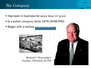 The Company Has been in business for  more than 30 years Is a  public company  since 1976 (NYSE:PPD) Began with a serious   auto accident. Harland C. Stonecipher Founder, Chairman, & CEO 