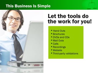 This Business Is Simple
Let the tools do
the work for you!
 Hand Outs
 Brochures
 DVDs and CDs
 Mail Outs
 Calls
 Recordings
 Website
 Third-party validations
 