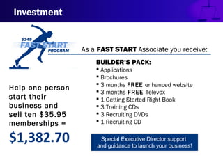 Investment
As a FAST START Associate you receive:
BUILDER’S PACK:
 Applications
 Brochures
 3 months FREE enhanced website
 3 months FREE Televox
 1 Getting Started Right Book
 3 Training CDs
 3 Recruiting DVDs
 1 Recruiting CD
Help one person
start their
business and
sell ten $35.95
memberships =
$1,382.70 Special Executive Director support
and guidance to launch your business!
 